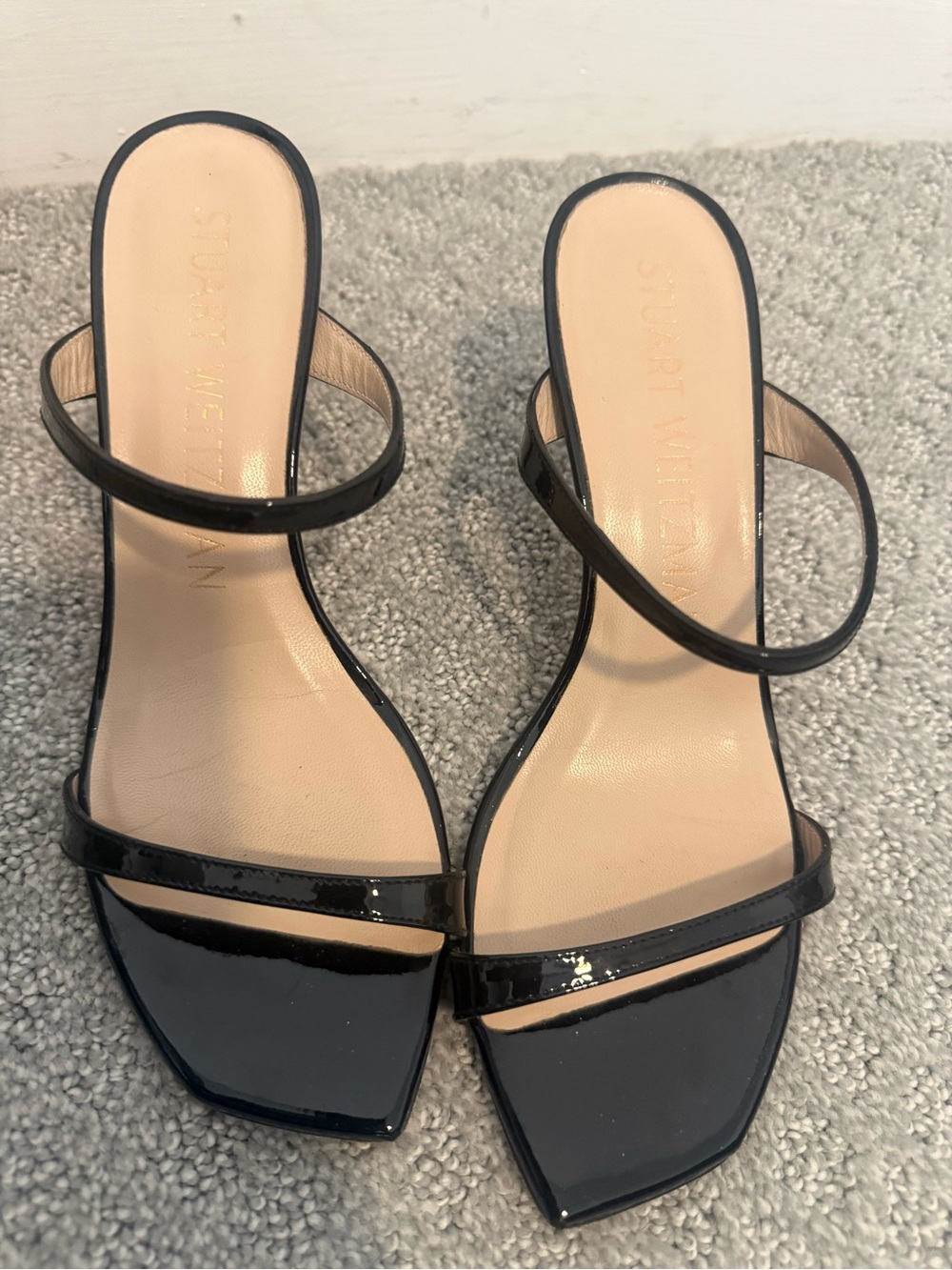 Stuart Weitzman Black Patent Square-Toe Strappy Heels